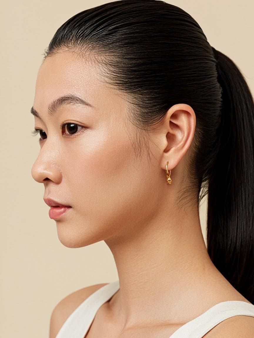 Sleek dark ponytail with gold earrings