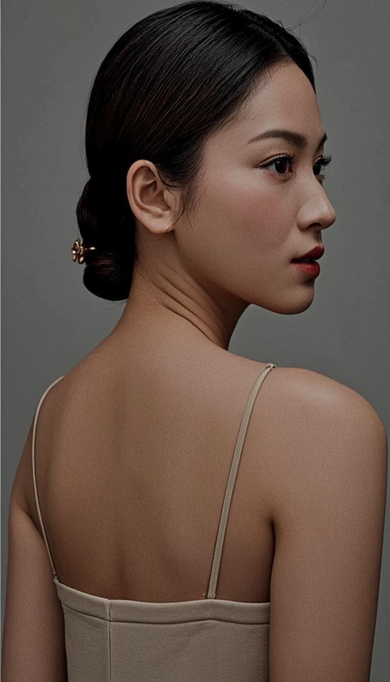 Elegant low chignon updo with a gold hair pin