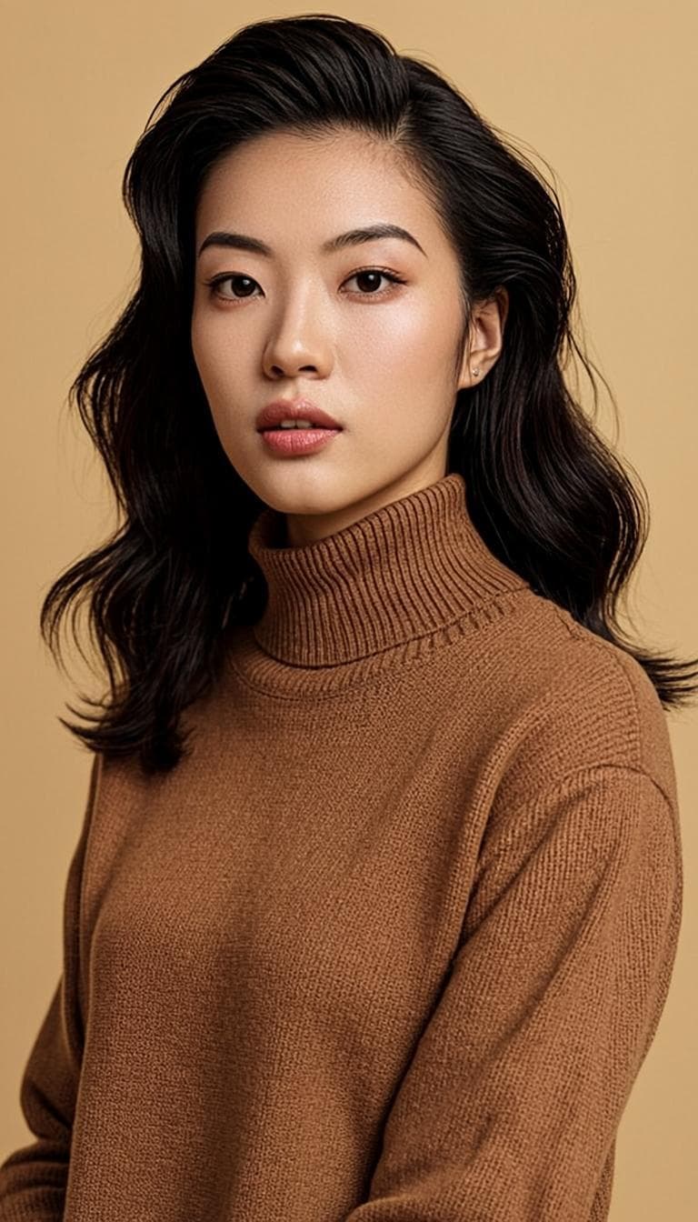 Woman with voluminous dark wavy hair wearing an orange turtleneck