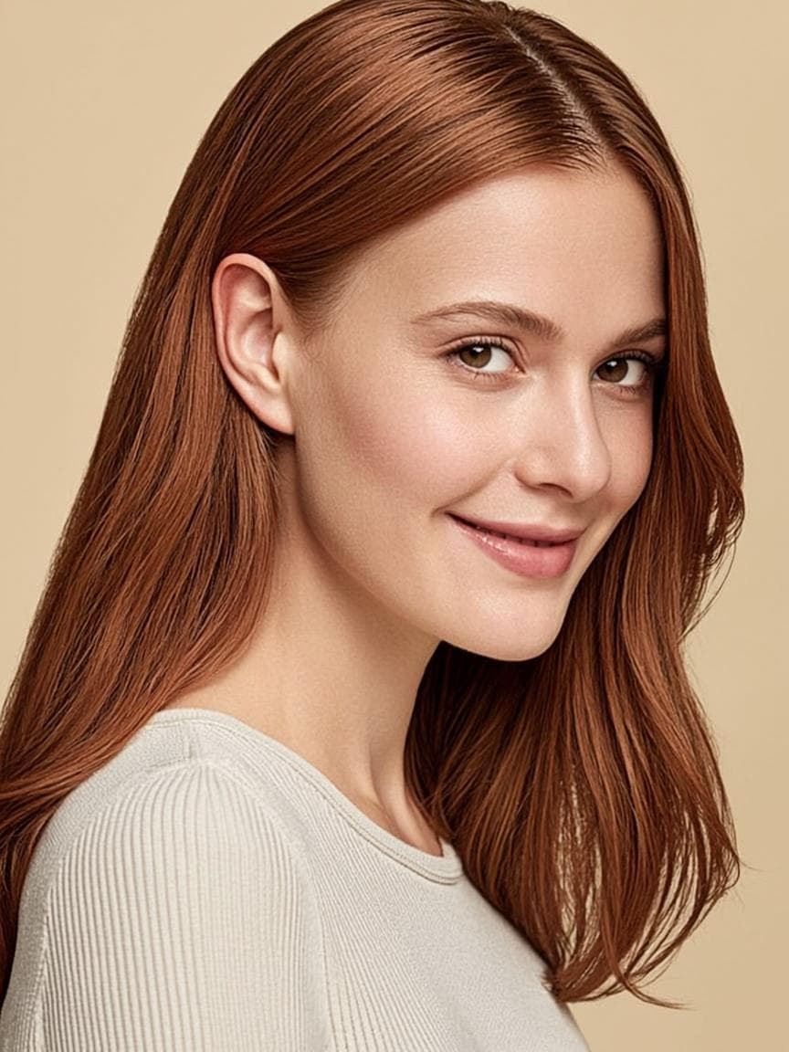 Woman with glossy auburn hair in a beige top